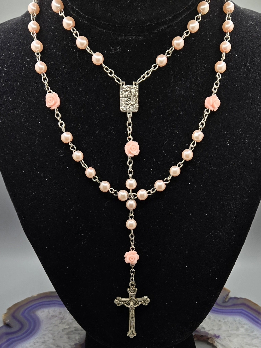 Delicate Pink Rose 5 Decade Rosary w/ SilverTone Crucifix Mary Medallion & Chain
